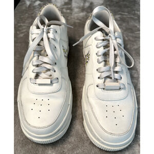 Nike Air Force 1 White Leather Athletic Sneakers, Leopard with Lemon Twist